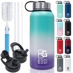 BOGI Insulated Water Bottles, 32oz Double Wall Vacuum Stainless Steel Water Bottles with 3 Lids Metal Water Bottle with Straw Lid Spout Lid & Stainless Steel Lid Sport Water Bottles KeepsHot and Cold