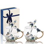 Enamel Butterfly Flower Tea Cup Sets with Spoon and Lid, Glass Coffee Mug, Mothers Day Gifts for Mum, Wedding Birthday Graduation Valentines Christmas for Women Wife Friend Teacher (Blue Rose-2 Short)