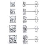 18K White Gold Plated Princess Cut Square Clear Cubic Zirconia Stud Earring Pack of 5 Pairs 3-7mm