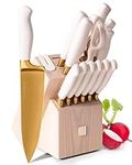 White and Gold Knife Set with Block Self Sharpening - 14 Piece Luxurious Titanium Coated Gold and White Kitchen Knife Set & Ashwood Knife Block with Sharpener - Knife Sets for Kitchen with Block