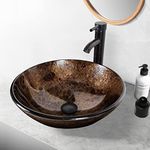 ARTETHYS Bathroom Sink, Countertop Wash Basin, Glass Vessel Washing Bowl Set with Tap, Cabinet Counter Top Sink with Faucet Pop-up Drain and Water Pipe for Vanity Cabinet Cloakroom, Round Brown