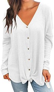 MIHOLL Womens Loose Blouse Long Sleeve V Neck Button Down T Shirts Tie Front Knot Casual Tops (Small, Z- White)