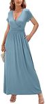 OUGES Womens Short Sleeve V-Neck Wrap Waist Maxi Dress(Gray Blue394,L)