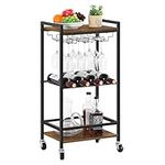 YBING Bar Cart for Home, Home Bar Serving Cart, 3-Tier Rolling Wine Carts with Wine Rack and Glass Holder, Kitchen Storage Small Cart, Microwave Cart, Brown