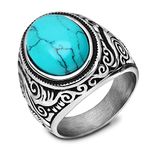 VQYSKO Retro Turquoise Ring for Men | Stainless Steel Oval Biker Ring | Ideal Gift for Dad Boyfriend | Blue/Black/Brown/White Color for Choice (Blue, 13)