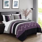 Chezmoi Collection Jaxson Bed in a Bag Queen Size 7-Piece Comforter Set with Sheets Modern Pleated Stripe Embroidered Purple/Black/Gray/White Zigzag Lightweight All Season Bedding