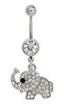 Silver Coloured 316L Surgical Steel 14 Gauge Belly/Navel/Bellybutton Piercing/Bananabell With Cute Elephant Shaped Pendant/Dangle/Charm Embellished With Clear Rhinestones/Crystals By VAGA