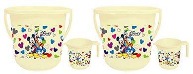 Kuber Industries Disney Team Mickey Print 4 Pieces Unbreakable Virgin Plastic Bathroom Bucket with Mug Set- Cream, (2 Pc 16 LTR Bucket & 2 Pc 500 ML Mug) -HS_35_KUBMARTS17487