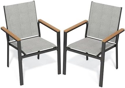 YITAHOME Set of 2 Stackable Patio Chairs, Outdoor All-Weather Conversation Breathable Textilene Mix Olefin Dining Chair, Plastic- Wood Armrest, Black and White Checkered