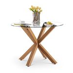 CLIPOP Round Dining Table with Tempered Glass Top and Wooden Pattern Legs Small Kitchen Table 100cm for Home Living Room, Dining Room Corner