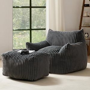 Oversized Bean Bag Chair with Ottoman for Adults, 2-Piece Comfy Floor Sofa Lounge Chair with Shredded Memory Foam Filler, Giant Beanbag Couch Set for Bedroom & Gaming,gGrey