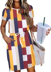 Hotouch Womens 2024 Summer Casual Dress Short Sleeve Crew Neck Tie Waist Hide Belly Midi T-Dress with Pockets