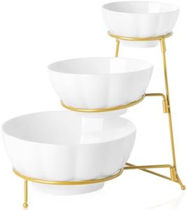 3 Tier White Serving Bowl Set with Gold Metal Rack, Ceramic Fruit Bowl Serving, Tiered Serving Stand, 3 Tier Serving Bowls Set, Food Server Display for Party, Snacks, Chips and Dips