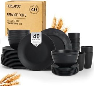 Perlapoc Kitchen Wheat Straw Dinnerware Set 40 PCS Dishes Set for 8 Plastic Plates Reusable Dinner Plates Cereal Bowls Small Cups Dishwasher & Microwave Safe Unbreakable Dish Set for Picnic RV - Black