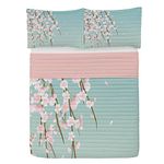 ABAKUHAUS Weeping Flower Microfiber Bedspread Set, Freshly Blooming Cherry Blossom Branches Buds, Soft Bedding Set with Pillow Shams & Comforter, 264 cm x 220 cm, Mint Pale Pink and Taupe