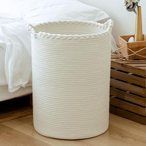 Homlikelan 58L Cotton Woven Laundry Basket,Tall Wicker Laundry Hamper for Blankets,Clothes,Pillows,Toys,Shoes Large Laundry Bin White