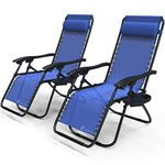 VOUNOT Zero Gravity Chair, Set of 2, Folding Sun Loungers, Recliner Garden Chairs, Outdoor Deck Chairs with Cup and Phone Holder, Blue