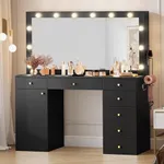 YITAHOME 56'' Makeup Vanity with Mirror and Lights, Large Vanity Desk Mirror with 12 LED Hollywood Lights, 7 Drawers, Cabinet, Power Outlet, 3 Light Modes, Dressing Table for Bedroom, Dark Black