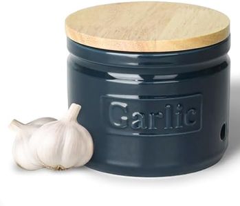 LEETOYI Ceramic Garlic Keeper with Wooden Lid, 4.1 Inch Garlic Holder for Countertop, Ventilated Garlic Pot for Kitchen, Garlic Saver to Keep Your Garlic Cloves Fresh Longer (Navy)