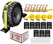 Wheel Chock Tie Down Kit (1,986lb Break Strength) Heavy Duty Trailer Tire Straps System for ATV, UTV, Lawn Mower & More - Ratchet Tie Downs Accessories with E Track for Four Wheeler