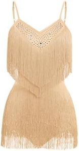 Women's Latin Dance Dress Fringe Rhinestone Romper Dresses One Piece Leotard Adjustable Spaghetti Straps V Neck Tie Back Salsa Ballroom Dance Costume for Competition Rave Mardi Gras Gold 2XL