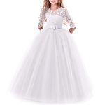 Junior Teen Girls Lace 3/4 Sleeve Dress Wedding Bridesmaid Cocktail Evening Party Long Maxi Dresses School Performance Pageant Birthday Prom Dance Carnival Christmas Ball Gowns White 13-14 Years