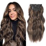 FINE PLUS Hair Extensions Clip In 4PCS 20inch Highlight Synthetic Fiber Mixed Brown Long Wavy Curly Hair Extensions Thick Clip In Hair Extensions Highlight Double Weft Full Head Hair Extension