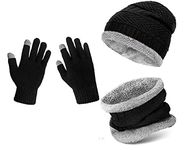 Lyonardo Winter Thick Fleece Lined Beanie Woolen Casual Style Cap Hat, Neck Scarf And Touchscreen Gloves Set For Men Women(3 Set) (Black)