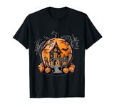 Funny Halloween Design , haunted house, bats, pumpkins T-Shirt