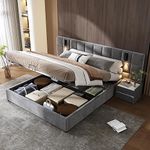 Upholstered Ottoman Bed, Hydraulic Storage Bed with Directional Lamp and USB Charging, 5ft King Size Bed Frame with Wide Headboard, Velvet Grey LED Gas Lift Ottoman Bed With Storage & Wooden Slats