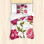 ABAKUHAUS Floral Fitted Sheet, Spring Buds Vivid Tones, Decorative 2 Piece Bedding Set with 1 Pillow Sham, 135 cm x 200 cm - 80 x 80 cm, Olive Green Magenta