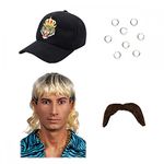 A2ZFD Jo Exotic Tiger King Fancy Dress Accessory Pack : Mullet Wig + Tash + Clip-On Piercings + Tiger Logo Hat