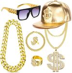 GIFIKOI 80s 90s Hip Hop Costumes Outfit Kit Fake Gold Chain Necklace Gold Dollar Sign Cap Jewelry Set Rapper Accessories