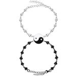 JunyiDIY 2pcs Handmade Yin Yang Stainless Steel Love Heart Chain Bracelet Set Couple Boy Girl BFF Best Friend Adjustable Bracelet Tai Chi Gossip Friendship Jewelry Gift