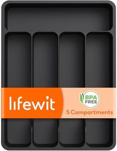 Lifewit Silverware Drawer Organizer Tray, Plastic Cutlery Storage for Kitchen, Flatware and Utensil Holder Divider for Spoons Forks Knives Tableware, 9.1 x 12.6", 5 Slots, Black