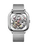 CIGA Design Automatic Mechanical Watch - C Series Fully Skeletonized Wristwatch for Men and Women Skeleton Style Stainless Steel Sapphire Glass with Milanese & Leather Straps(Silver)