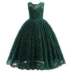 Glamulice Girls Party Dress Emerald Green Full Lace Junior Bridesmaid Dresses Backless 12 13 Kids Pageant Wedding Daddy Daughter Dance Maxi Gown Elegant Big Girl Formal Event Holiday Tulle Ballgown