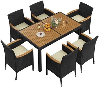Yaheetech 7 Piece Patio Furniture Set, Outdoor Dining Acacia Wood Table Top Rattan Conversation Set with Soft Cushions, 6 Chairs & 1 Table for Backyard, Deck, Garden & Yard, Black/Beige