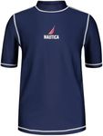 NAUTICA Boys' Short Sleeve Swim Rashguard with UPF 50+ Sun Protection, J Navy/Red Logo, 6