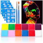 URAQT Face Paint Kit, 12 Color Neon Ultraviolet Glow Face Painting Palette with 2 Brushes 40 Stencils, Face Body Painting Safe Oil Based Makeup Paint for Adults Kids Party Carnival