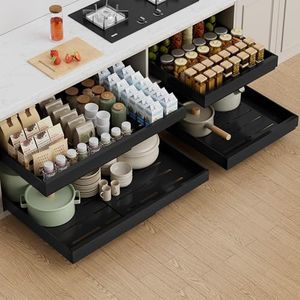 PAKETA 4 Pack Expandable Pull Out Cabinet Organizer, 21'' Deep Pull Out Drawers for Cabinets, Upgrade 3 Slide Rails Sliding Drawers for Cabinet with Adhesive Nano Film (Black, 21"D X 15-26"W )