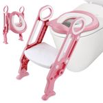 ASAB Potty Training Toilet Seat Foldable Portable Potty Chair with Adjustable Height Ladder Guard Handle Soft Cushion Design Kids Toilet Training Seat with Step Stool for Baby Toddler (Pink & White)