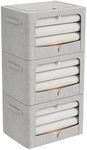 3 Pack Clothes Storage Bins Foldable Metal Frame Storage Box Stackable Linen Fabric Organizer Set with Carrying Handles and Clear Window (Light Gray, 19.7x15.7x12.6inch(66L))