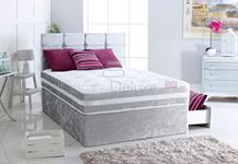 Crushed Velvet Divan Bed Set With Memory Foam Sprung Mattress And Cube Headboard | Storage Drawers Available | Complete Divan Bed Set (Purple, 4FT6 Double 0 Drawer)