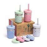 Elk and Friends Stainless Steel Cups | Mason Jar 10oz | Kids & Toddler Cups with Silicone Sleeves & Silicone Straws with Stopper | Sippy Cups, Spill Proof Cups for Kids, Smoothie Cups