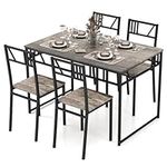 COSTWAY Dining Table and Chairs Set 4, Wood Effect Rectangular Kitchen Table and 4 Chairs with Curved Back, Metal Frame Space Saving Home Dining Room Furniture Set, Grey