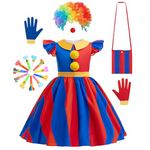 Circus Costume for Girls, 15pcs Kids Cosplay Clown Costume Set with Rainbow Clown Wig, Clown Nose, Rainbow Bag, Whistles Toys, Children's Halloween Carnival Costumes Girls Cosplay Clown Outfit