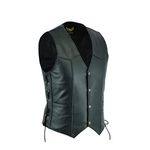 Men Premium Top Grain Cowhide Classic Motorcycle Leather Waistcoat Vest with Side Laces Black (S)