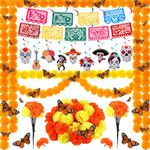 Retrowavy 155 Pcs Day of The Dead Decoration Sets 100 Artificial Marigold 10ft Artificial Marigold Garland 24 Monarch Butterfly 20 Hanging Swirl 9 banners for Day of The Dead Decor(Orange, Yellow)