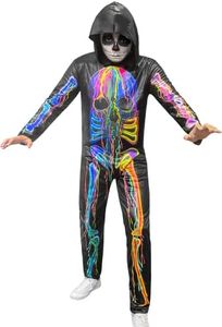IKALI Uomo Scheletro Costume Spaventoso Halloween con cappuccio Vestito di fantasia Outfit Colore Faccia Stampato Costume Osso XL